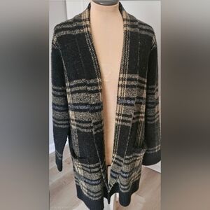 Evolution By Cyrus Blk & Tan Plaid Fuzzy 3/4 Cardigan No Closure W/pockets Sz M